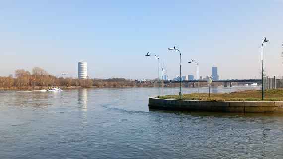 Der Blick richtet sich auf die Donau in Wien, im Vordergrund sind die ersten Meter der Zufahrt der Donaukanalschleuse zu sehen, in der rechten Bildmitte die dazugehörige Kaimauer, auf der vier Enten sitzen. Auf der Kaimauer sind zirka fünf Meter hohe Leuchten zur Beleuchtung der Schleuseneinfahrt, auf denen je ein Kormoran sitzt. Im linken Bereich des Bildes fährt ein Schnellboot im Wasser. Im Hintergrund sind in zirka 4 Kilometer Entfernung die Hochhäuser der Donaustadt in Wien zu sehen, sowie die knapp ein Kilometer entfernte Nordbrücke.
