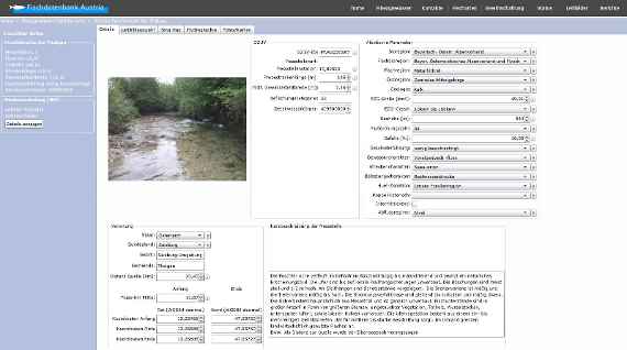 You can see a screenshot of a page of the Fish Database Austria. The data of a specific measuring site are displayed. Among other things, these are: Water Condition Monitoring Ordinance (abbreviated with GZÜV), number of the monitoring station, abiotic parameters such as bioregion, fish bioregion, size, which location it is, information on river kilometres and so on.