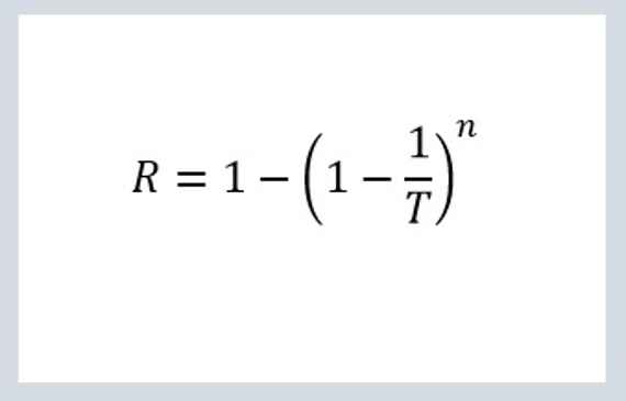 capital R, equation, 1 minus, parenthesis open, 1 minus 1 divided by capital T, parenthesis closed, superscript n