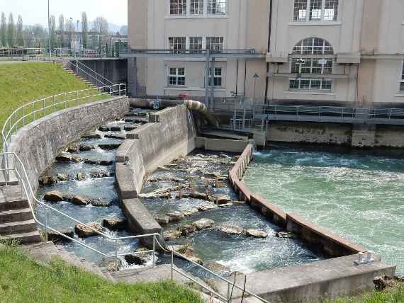 The pool pass consists of two parallel concrete walls that first make a slight curve in the ground plan and then a 180-degree curve follows. Crossbars made of rows of large stones create pools filled with water. From pool to pool, the water flows down in steps. On the left, you can see an embankment with a meadow and further back some trees and several houses. Behind the fish ladder is a large building (the hydropower plant).