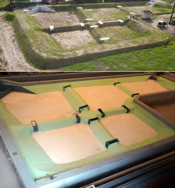 Photo: Aerial view of the research basin in Breitenwaida (upper picture) and the physical model of the research basin scaled 1:10 (lower picture). Opening and closing of the dam passages is used as a measure flow control.