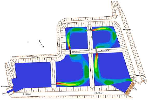 Graphic: Result of the numerical flow simulation under steady flow conditions in the research basin. The main flow direction depends on the position of the dam passages.