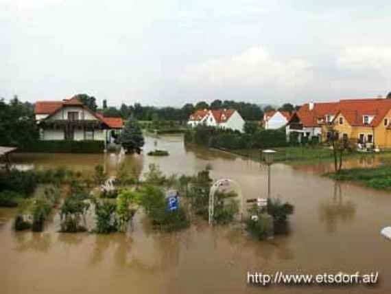 Flood in Sittendorf settlement, you see houses with gardens and some streets in a small village. The streets are flooded by the high water. Only bushes and trees rise from the dirty brown water.