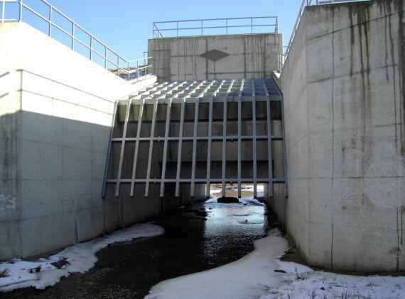 The photo shows the outlet of a flood retention basin in southern Burgenland. Left and right are vertical concrete walls. The outlet is open at the bottom. Above it is a grid of thick steel bars on which washed up wood should collect.