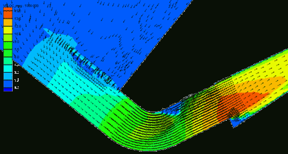 Flow velocities in the weir channel at design discharge, the diagram shows a section of a numerical grid with flow velocities and velocity vectors. The section shows the transition from the Wienerwald Reservoir to the weir channel of the spillway. The colours show low flow velocities in the reservoir (blue) and high flow velocities in the weir channel (green-yellow-orange-red).