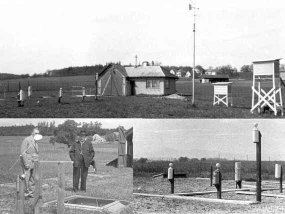The picture consists of three parts. The upper picture shows a small building. Next to it, on a meadow, are several measuring devices for recording meteorological data (how precipitation, wind, temperature). The lower left picture shows two men standing on the meadow next to a hole in the ground enclosed by a metal frame. The picture on the bottom right shows five metal cylinders attached to wooden poles at different heights.