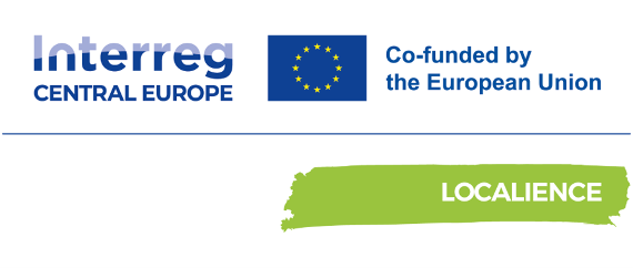 The project logo consists of the two texts "Interreg Central Europe" and "Co-funded by the European Union", each written in two lines. Between the two texts is the EU flag, which consists of a blue rectangle. In this rectangle, 12 stars are arranged in a circle. Below the texts and the EU flag is a blue line. At the bottom right there is a green area in which the project acronym LOCALIENCE is written.