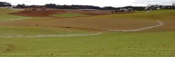 Connectivity between farmlands in the alpine foothills. You see a green and a brown field. A small stream, created by a lot of rain, runs from one field into the other.