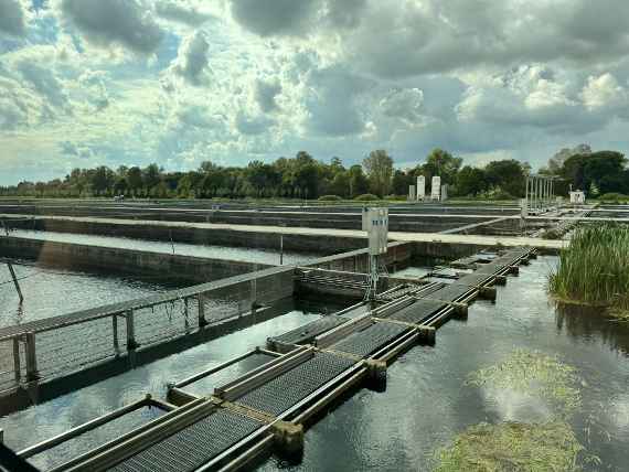 Wasserbecken mit Stegen und Metallgittern unter bewölktem Himmel, im Hintergrund Bäume und Silos.