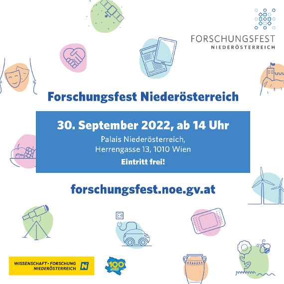 Flyer zum Forschungsfest Niederösterreich  30. September 2022, ab 14 Uhr  Palais Niederösterreich  Eintritt frei