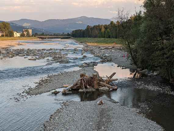 Man sieht aus der Flusssohle herausschauende Baumstämme (Totholz), den Fluss. Im Hintergrund eine Brücke, Häuser und Berge.