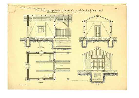 In diesem Bild werden das Stationsgebäude als Längenschnitt, Querschnitt, Grundriss und Ansicht, also in insgesamt vier Zeichnungen, grafisch dargestellt.