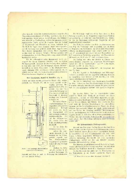 Dieser Bericht ist eine Fortsetzung aus der vorherigen Seite, zeigt grafisch und schematisch ein Messgerät für den Wasserstand und erwähnt auch von einem Territorium des Lagerhauses der Stadt Wien im kaiserlich und königlich Prater errichtete hydrometrische Prüfungsanstalt.