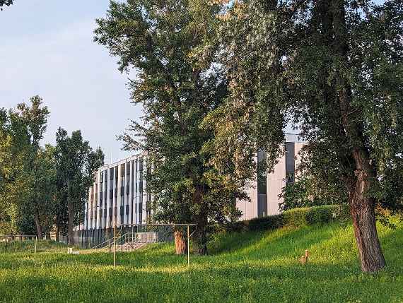 Das Bild wurde schräg seitlich, von einem Standpunkt nahe der Donau aufgenommen. In einer Wiese stehen einige hohe Bäume vor dem parallel zur Straße verlaufenden Gebäude.