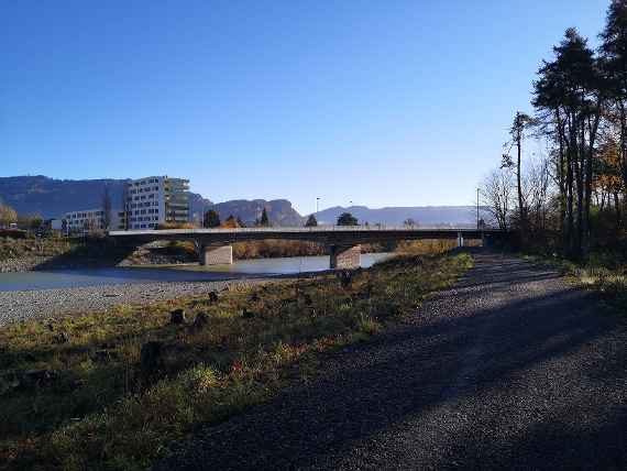 Ein Blick auf die Harder-Brücke linksseitig von Fahrradweg aus bei sonnigem Wetter. Hinter der Brücke befinden sich einige Hochhäuser und dahinter ein Berg. Rechts neben dem Fahrradweg stehen einige Bäume.