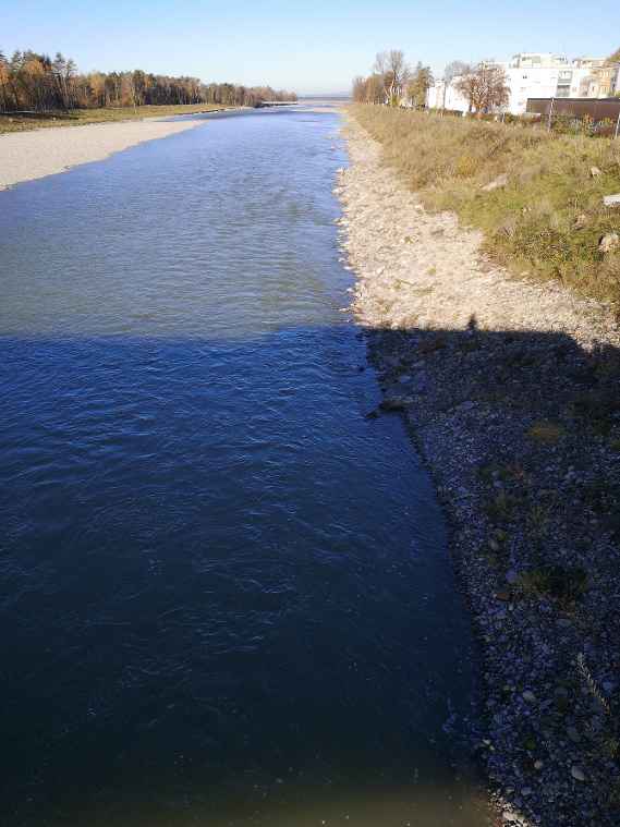 Das Bild wurde von Harder-Brücke rechtsseitig erstellt. Rechts sieht man kleinere Anlandungen, weiter rechts einige Bäume und Häuser, links Wald.