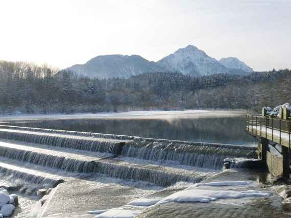 Das Stufenwehr an der Saalach vor dem Umbau, im Hintergrund Wald und Berge.