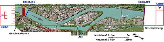 Lageplan des Bereiches der Salzach in Hallein, der im Modell untersucht wurde. Darauf sind Kleine und Große Salzach zu sehen. Mittig ist eine Pernerinsel.