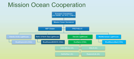 Zu sehen ist eine hierarchische Projektstruktur der Mission Ocean. Der Mission Ocean ist unter anderem das Danube Lighthouse untergeordnet, welches von EcoDaLLi unterstützt wird.  