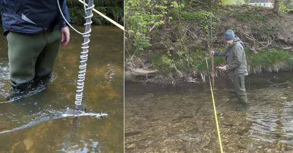 Das Bild zeigt ein Maßband, das über ein Gewässer gespannt ist, und ein hydrometrisches Messgerät, das ins Wasser gehalten wird.