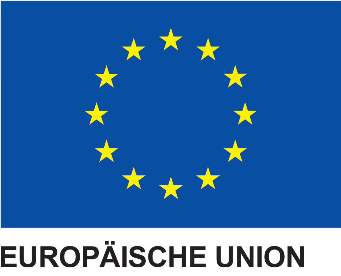 Logo of a European flag with blue background and 12 stars shaped yellow all around, with the text below "European Union" in German.