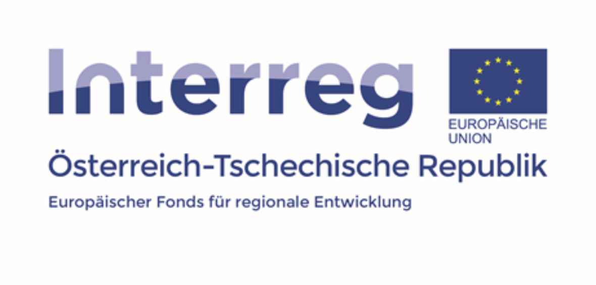 Logo of Interreg Austria-Czech Republic, European Regional Development Fund. On the far right of the text "Interreg" is a European flag with the 12 yellow stars and the text "European Union" in German.