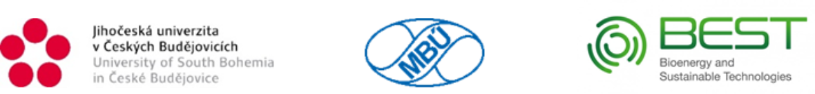 An image composed of three different logos. On the left logo of 5 red dots of the University of České Budějovice, in the middle the logo of the Institute of Microbiology from the Czech Republic in the shape of a rugby ball and on the right the logo of the BEST company in green text.