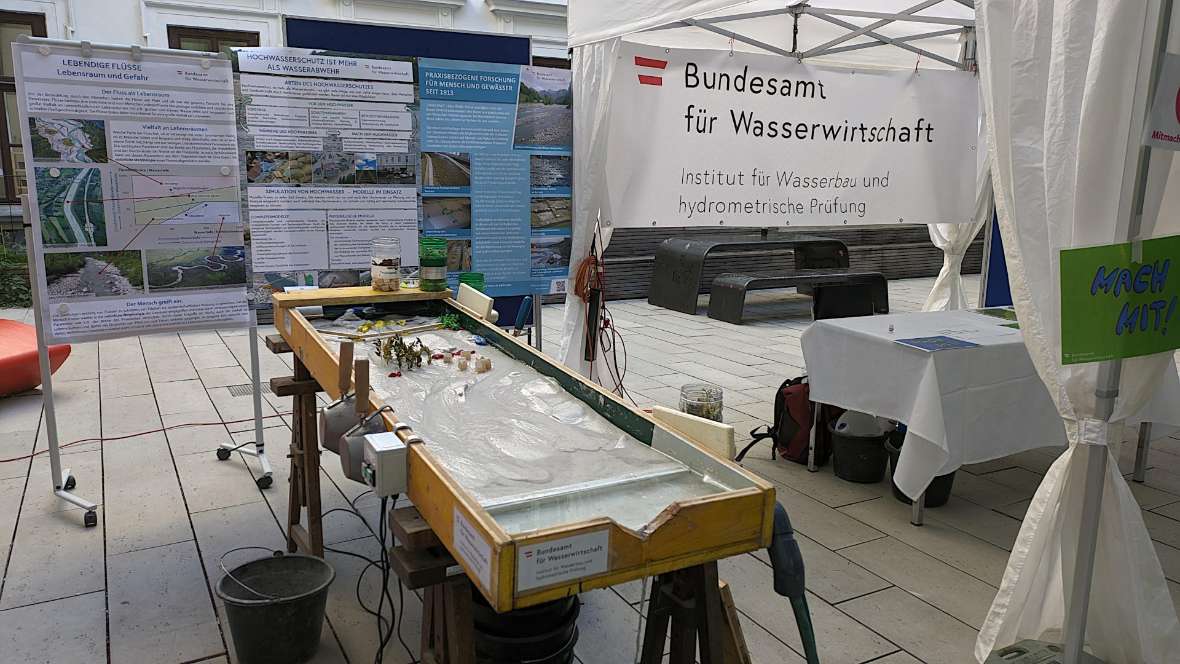 Here you can see the left part of our information stand with three posters in the background. In the foreground is our small model river, which is about 2 metres long and 1 metre wide.