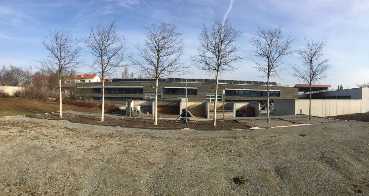 The photo shows the Jägerhausgasse lysimeter facility in Vienna, with 6 planted trees standing side by side in a row in front, and a building behind them.