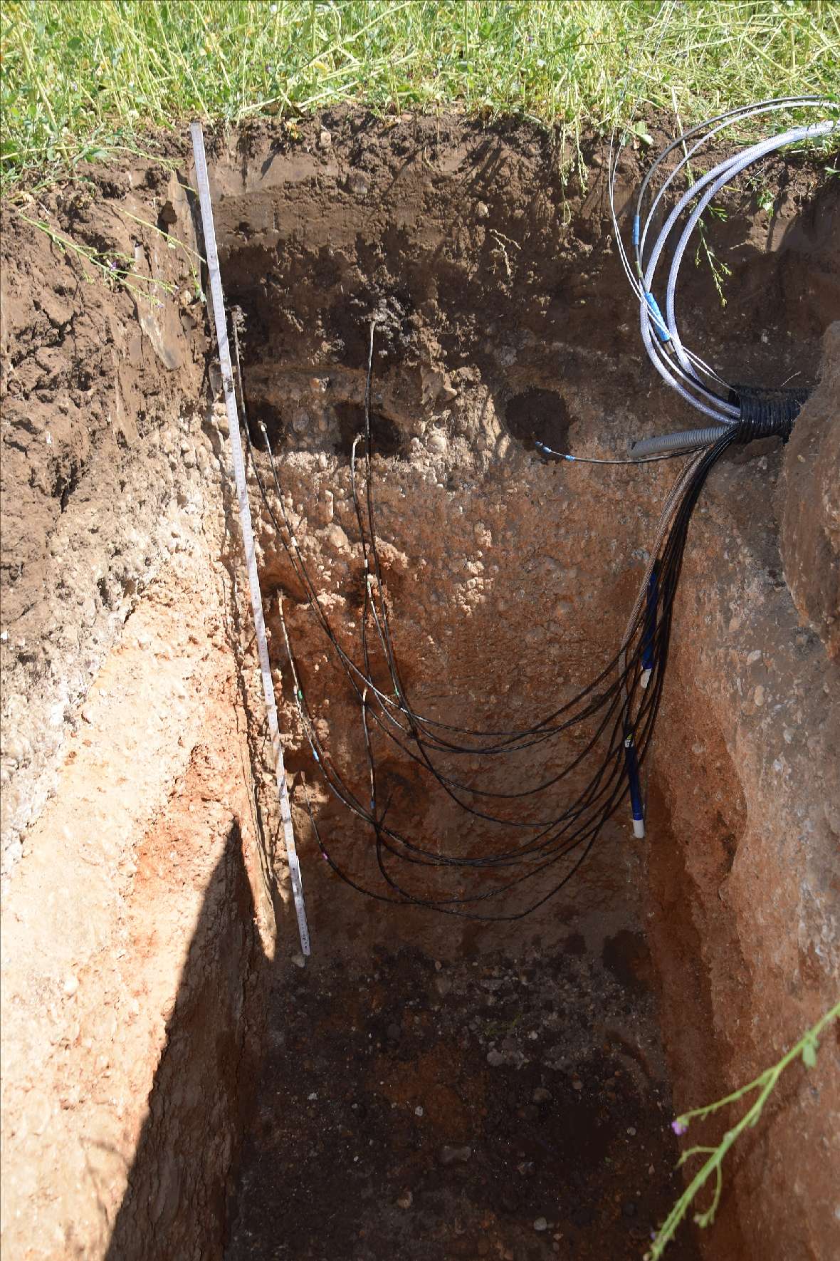 Soil profile with built-in sensors (matrix potential and water content). You can see a pit dug in a field into which several cables with measuring devices hang.