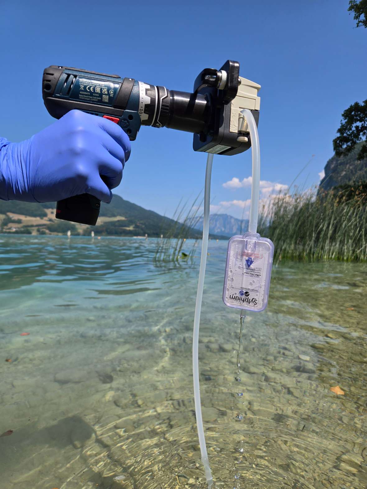 Das Foto zeigt eine blau behandschuhte Hand, die eine akkubetriebene Pumpe über das klare Wasser eines Sees hält. Über einen Schlauch wird Seewasser durch eine Filterkartusche gepumpt, um darin enthaltene Umwelt-DNA (eDNA) zu sammeln. Im Hintergrund sind emerse Makrophyten, bewaldete Berge und ein blauer Himmel zu sehen. Das Sammeln von eDNA durch Filtration bildet den ersten Schritt des Arbeitsablaufs. Dabei werden ganze Zellen sowie an Partikel gebundene DNA aus dem Wasser herausgefiltert und auf dem Filter angereichert. Anschließend wird die zurückgehaltene DNA im Labor extrahiert, sequenziert und bioinformatisch verarbeitet.