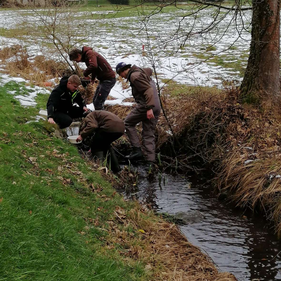 Angehende Fischereifacharbeiter erkunden, was sich sonst so neben dem Produkt Fisch im Fließgewässern tummelt.