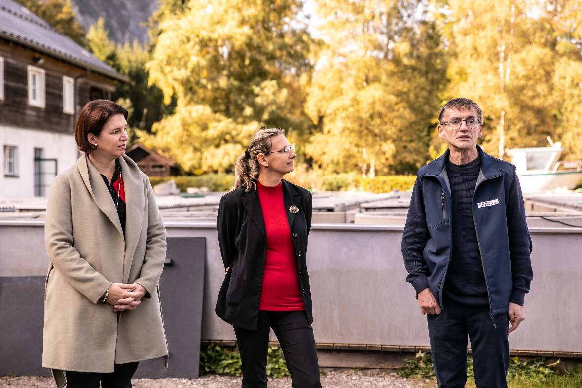 von links nach recht: Landesrätin Michaela Langer-Weninger, Institutsleiterin Daniela Achleitner und Leiter der Abteilung Fischereibiologie und Aufzuchtforschung Franz Lahnsteiner