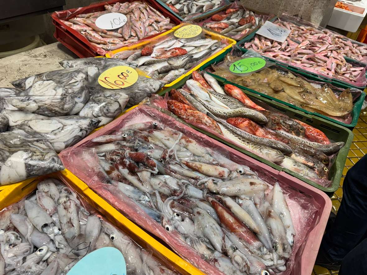 Ort: Fischmarkt Rijeka, Kroatien. Frischfisch und Tintenfische in Behältern auf Eis, mit Preisschildern in Euro.