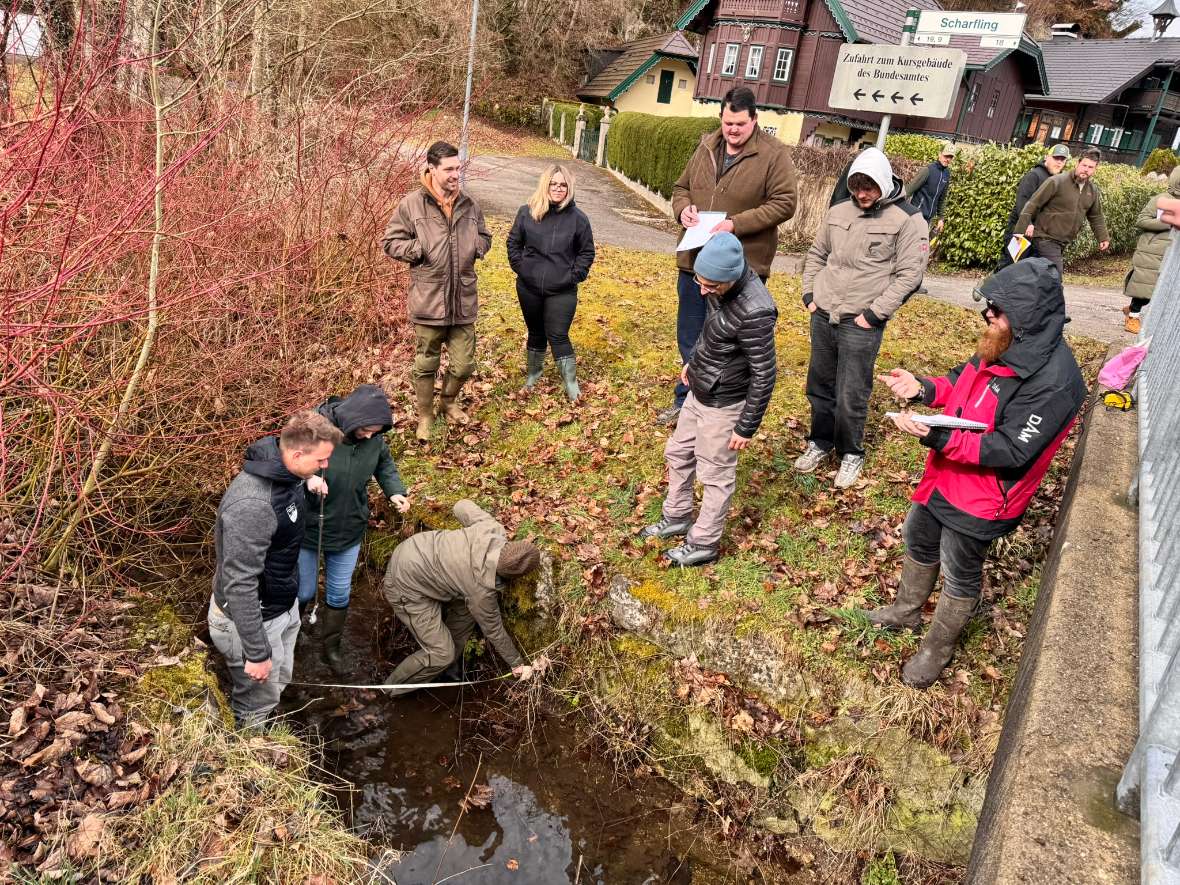 Die Teilnehmer:innen stehen an einem Gewässer und erheben hydrologische Kennwerte.