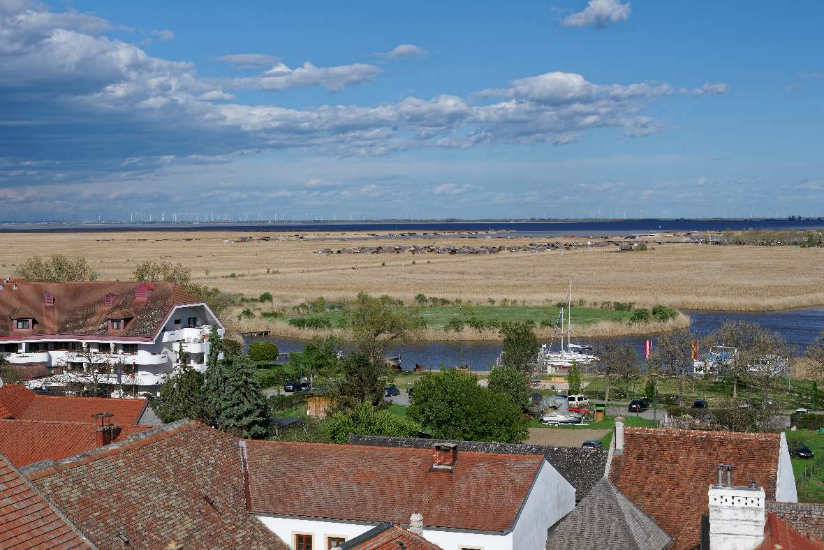 Vom Kirchturm in Rust aus betrachtet zeigt sich die enge Verzahnung von Kultur und Natur in der Region Neusiedler See, für die im Projekt INACO Schutzstrategien entworfen werden.