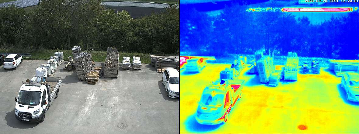 Das Bild der Wärmebildkamera zeigt die Unterschiede der Oberflächentemperaturen zwischen der Hecke, der Wiese und dem versiegelten Firmengelände in Wolkersdorf.