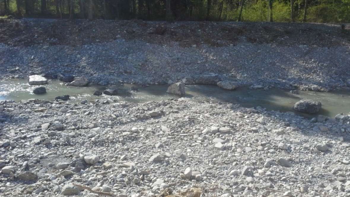 Im Bild erkennt man den Fluss in der Natur, entlang des fließenden Wassers sind größere Belebungssteine angeordnet. Dahinter Wald.