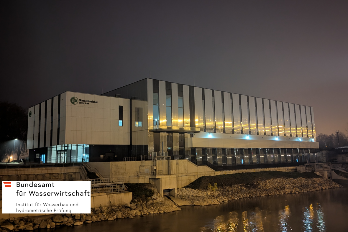 Picture taken at the beginning of November 2024 from the Danube Canal side in autumnal morning Vienna. The water level of the Danube Canal has been lowered due to work on the weir system.