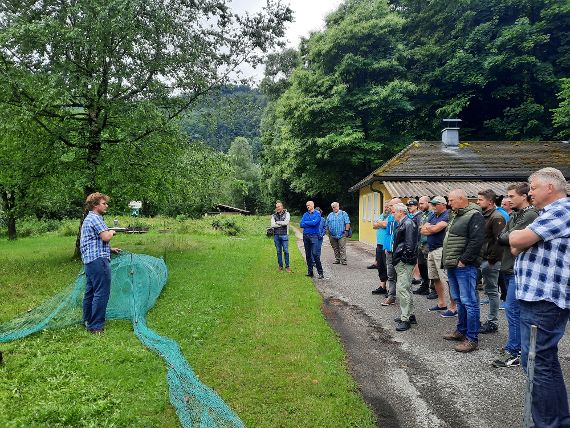 Den Teilnehmern wird auf einer Wiese die große Flügelreuse gezeigt.