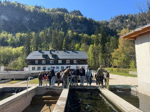 Gruppe ungarischer Studierender und Mitarbeiter des Bundesamts für Wasserwirtschaft bei der Besichtigung der Außenanlagen der Fischzuchtanlage Kreuzstein vor alpiner Bergkulisse. 