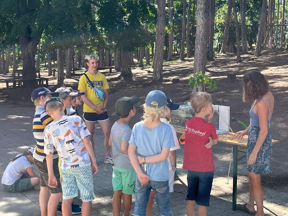 Eine Gruppe von Kindern steht im Wald um einen Tisch, auf dem eine Frau die Bodenfunktionen im städtischen Raum anhand eines Modells erklärt. 