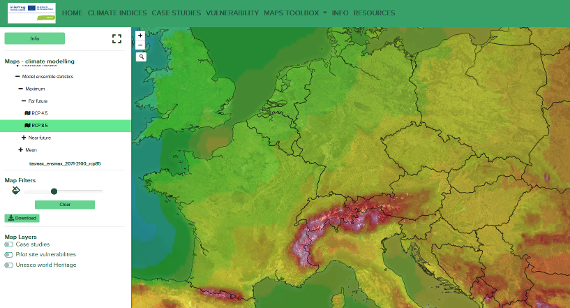 Mit dem Risk Mapping Tool kann die historische wie auch zukünftige Entwicklung von klimawandel-relevante Faktoren dargestellt und nachvollzogen werden. Karte von Mitteleuropa mit farbiger Darstellung von Klimamodell-Szenarien und einer Legende zu Emissionsszenarien und Kartenfiltern.
