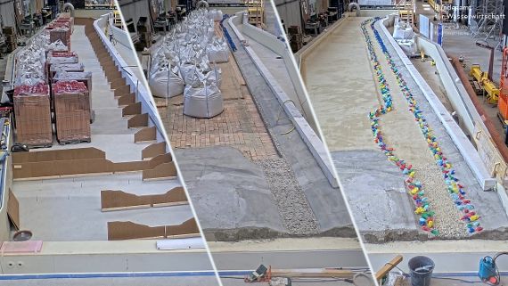 Man sieht in 3 Bildern die Entstehung eines wasserbaulichen Modells im Maßstab 1:40