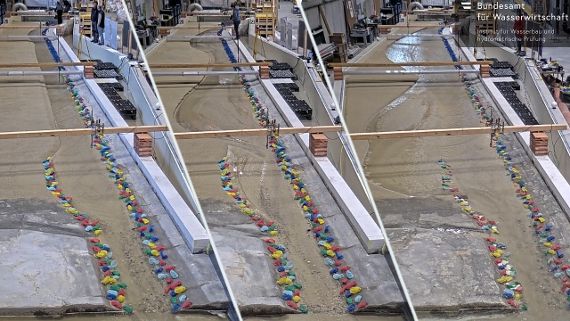 Das Bild zeigt die Entwicklung eines gegenständlichen Flussmodells der Gail im Maßstab 1:40. 