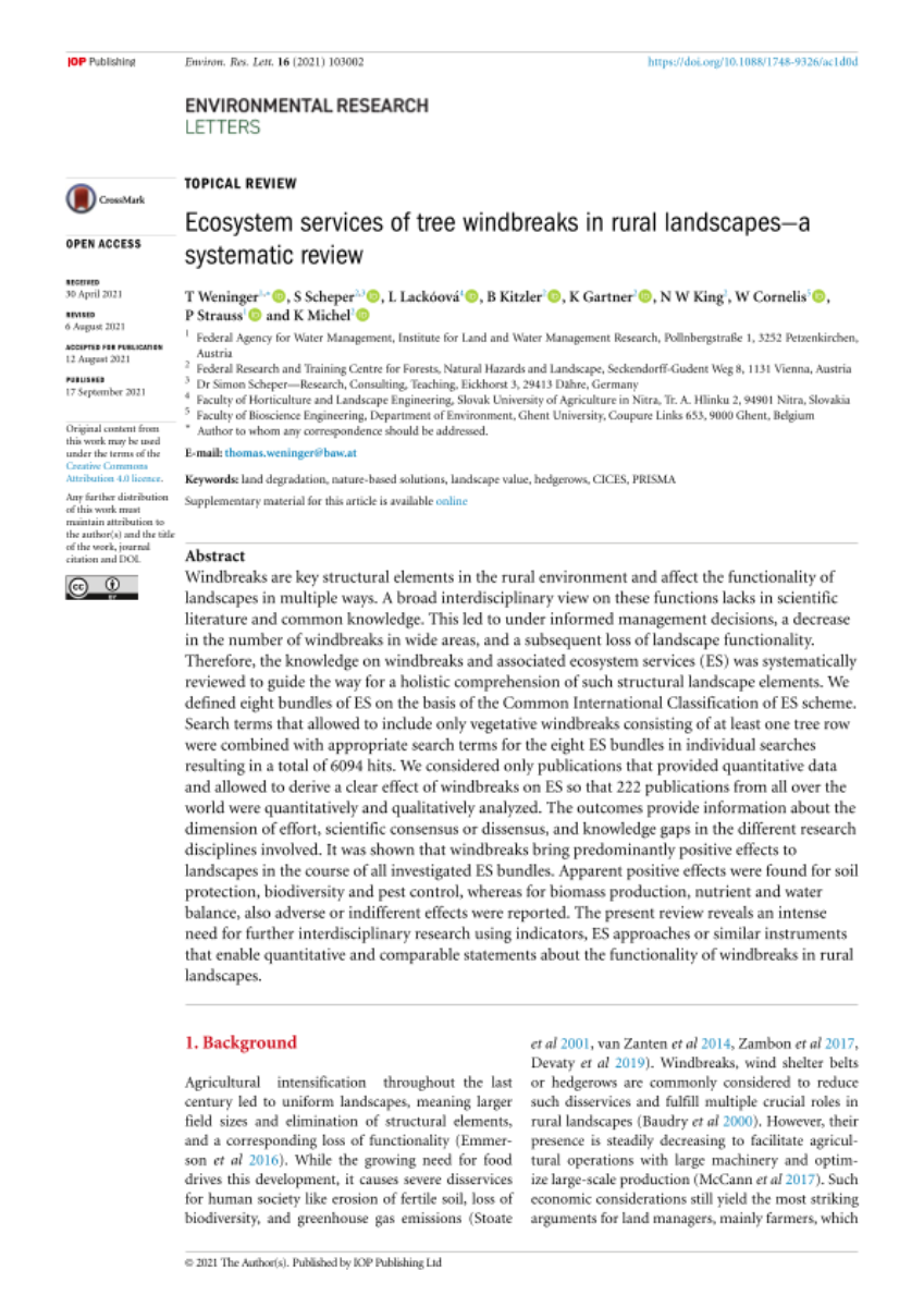 Ecosystem services of tree windbreaks in rural landscapes—a systematic review
