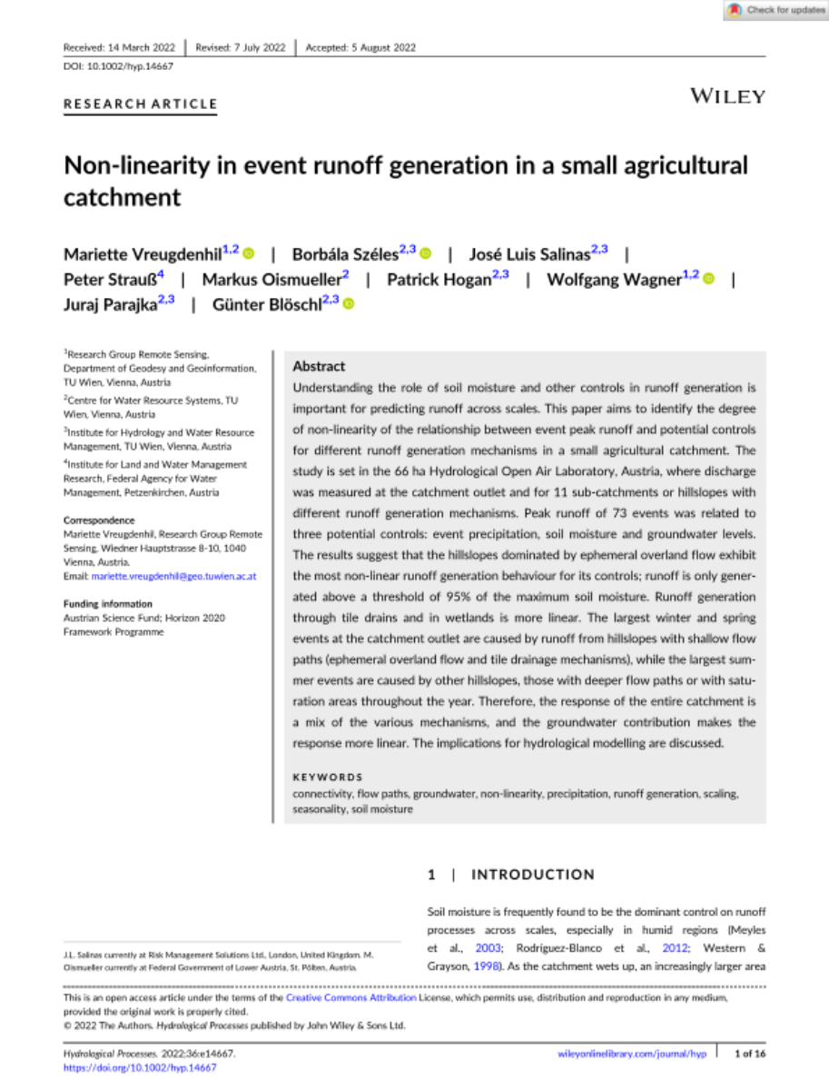 Non-linearity in event runoff generation in a small agricultural catchment.